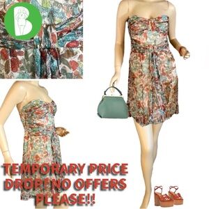 NANETTE LEPORE TEAL, ORANGE, CREAM & GOLD SILK CHIFFON STRAPLESS DRESS (6)